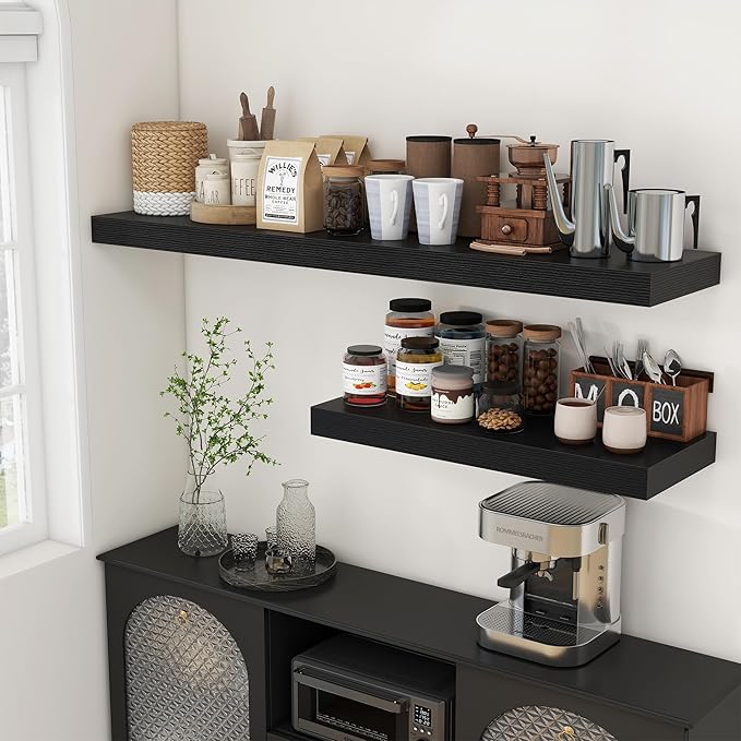 FLYJOE 12 Inch Deep Floating Shelves | 55 Inch Black Floating Shelves | 55" W x 12" D Rustic Wood Shelves for Wall | Deep Black Shelves for Living Room Bathroom Laundry Room Kitchen