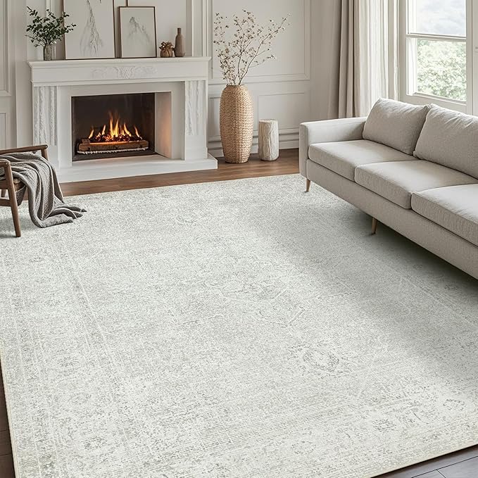Srugn Washable Rugs 6x9 Area Rugs for Living Room,Bedroom,Large Carpets,Ultra Soft Faux Wool Retro Dining Room Rug,Non Slip&Non-Shedding Low Pile Vintage Rugs for Home Office,Concrete Grey