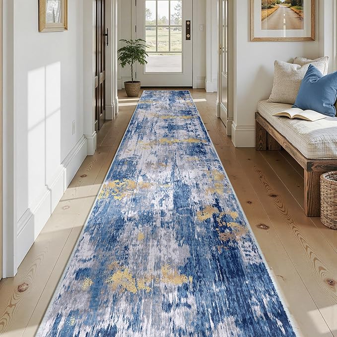 RELEANY Washable Area Rugs 2'6"x14 Non-Slip Modern Abstract Soft for Living Room Entryway Bedroom Nursery, Print Pattern, Grey Blue Gold/Golden