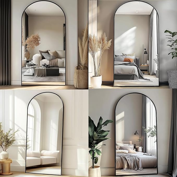 TinyTimes Full Length Mirror, 71''x30'' Floor Mirror with Stand, Arched Wall Mounted Mirror, Large Full Body Mirror with Aluminum Frame Hanging or Leaning for Bedroom, Living Room, Cloakroom (Black)