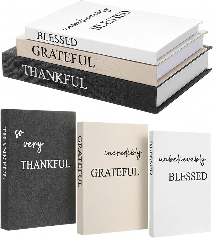 Weysat Set of 3 Thankful Grateful Blessed Decorative Books for Home Decor Linen Faux Books Stacked Neutral Modern Aesthetic Fake Storage Boxes for Coffee Table, Bookshelf or Mantle Display