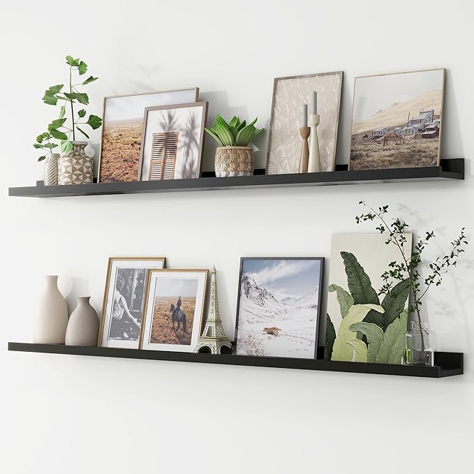 FLYJOE Picture Ledge Shelf, Floating Shelves Set of 2, 56 Inches Long Large Nursery Book Shelves for Toys Storage, Kids Bookshelf Wall Mounted for Living Room Bedroom Decor Books Photo Frames, Black