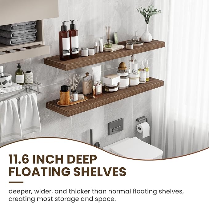 Acovy 48 Inch Floating Shelves, 12 Inch Deep Floating Shelves for Wall, Floating Shelf with Invisible Brackets, Deep Shelves for Bathroom, Bedroom, Living Room, 1 Pack, Walnut