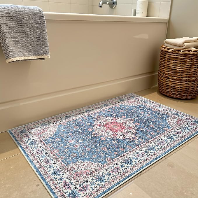 Goideal Washable Rug 2x3, Vintage Area Rugs Non Slip, Indoor Low Pile Carpet with Rubber Backing for Kitchen Bathroom Entryway Office Bedroom,Blue & Hot Pink