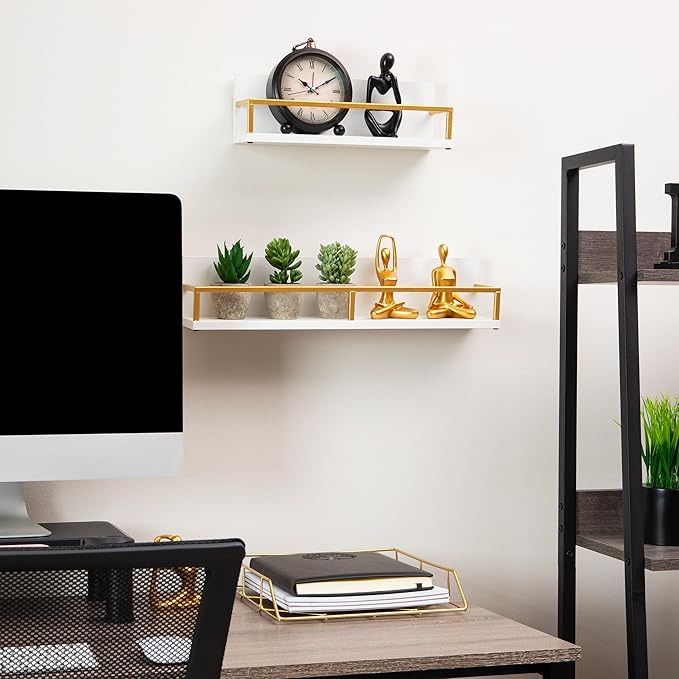 Mind Reader Floating Shelves, Wall-Mounted Office Organizers, Modern MDF Display Storage with Metal Rail, Set of 2, White