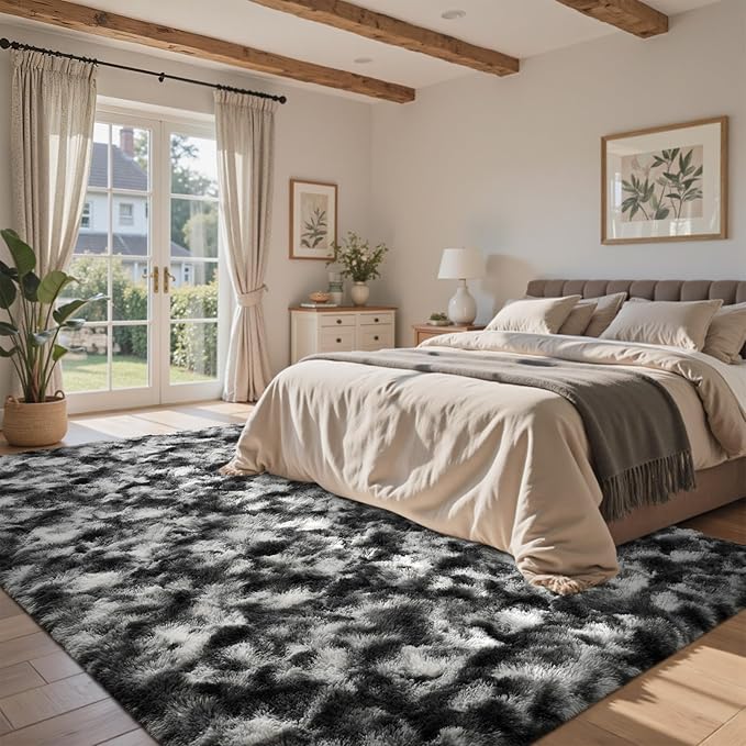 5x7 Area Rugs for Living Room, Black Plush Fluffy Shaggy Bedroom Rugs Non-Slip, Ultra Soft Carpet for Nursery Kids PlayRoom Dorm Office Indoor
