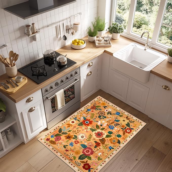 RELEANY Floral Nursery 2x3 Area Rugs Washable Print Boho Cute Carpet Non Slip Flower Low Pile for Living Room Kids Girls Playroom Bedroom Kitchen Office Farmhouse-Yellow/Orange