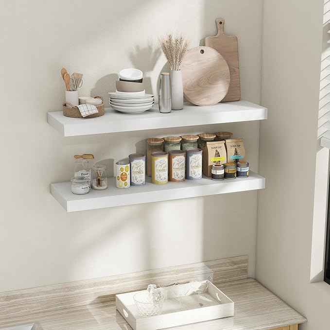 Fun Memories 12 Inch Deep Floating Shelves, 40 x 12 Floating Shelves for Wall Set of 2, Extra Deeper Hanging Wood Wall Shelves for Bedroom, Living Room, Kitchen, White