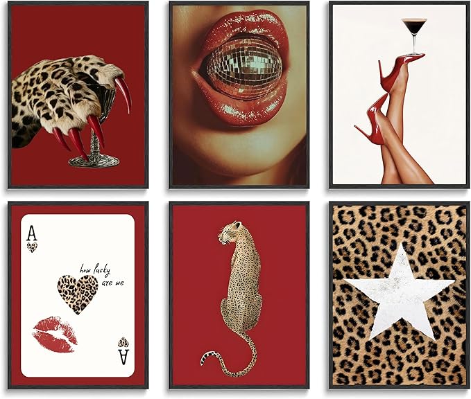 6pcs Trendy Red Fashion Leopard Wall Art Funky Lucky Wall Decor Ace Of Hearts Spades Poker Canvas Prints Vintage Room Aesthetic Pictures Posters Cheetah Painting for Girly Apartment Dorm Unframed