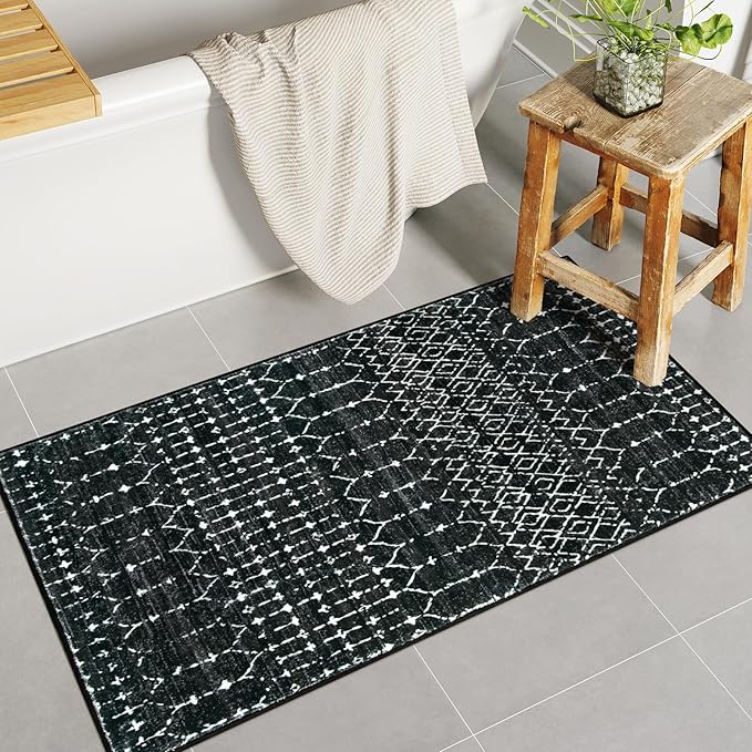 Lahome Moroccan Black Area Rug Non-Slip Low-Pile Washable Entryway Rug Kitchen Bath Mat 2'x4' Geometric Print Carpet for Hallway Bedroom Hana