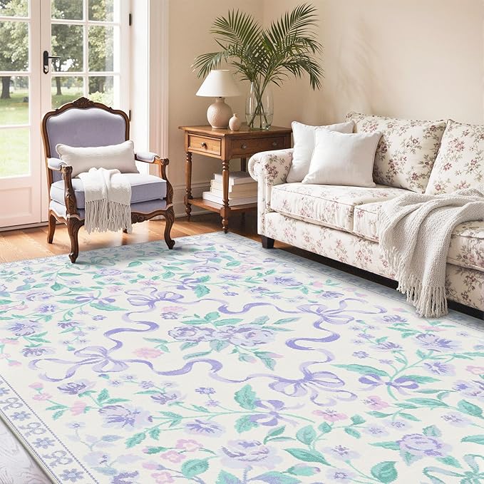 GENIMO 8X10 Washable Vintage Area Rugs for Living Room, Non-Slip Low Pile Chenille Print Rug, Soft Rugs for Bedroom Dining Room Home Office, Pastel Purple