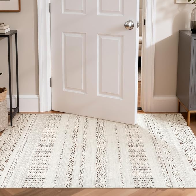 cotiled 3x5 Area Rug Living Room: Washable Boho Rugs with Non Slip Backing Small Soft Indoor Stain Resistant Carpet for Bedroom Farmhouse Dining Room Lightweight Home Decor L Brown/Cream