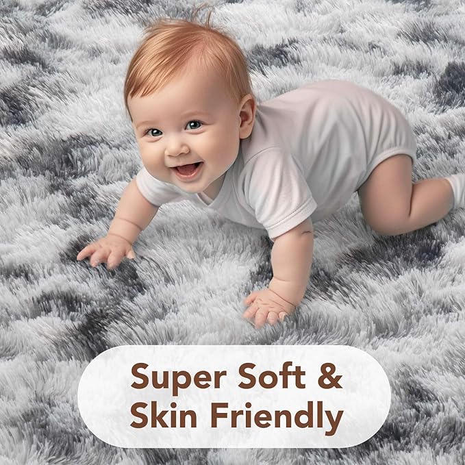FinRèc 8x10 Rugs for Living Room Bedroom, Black and White Fluffy Shaggy Area Rug, Non-Slip Soft Shag Rug for Nursery Kids Room Dorm Room Home Decor, Indoor Plush Floor Carpet