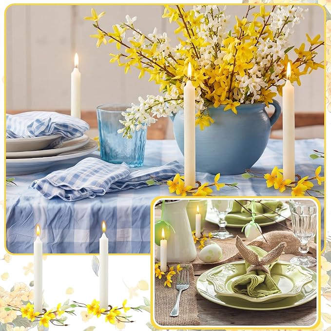 Daifunli 2 Pcs Spring Candle Rings Faux Forsythia Flower Candle Rings 1.25 Inch Artificial Silk Yellow Forsythia Flower Farmhouse Wreath Candles Holder for Spring Summer Rustic Table Centerpiece Decor