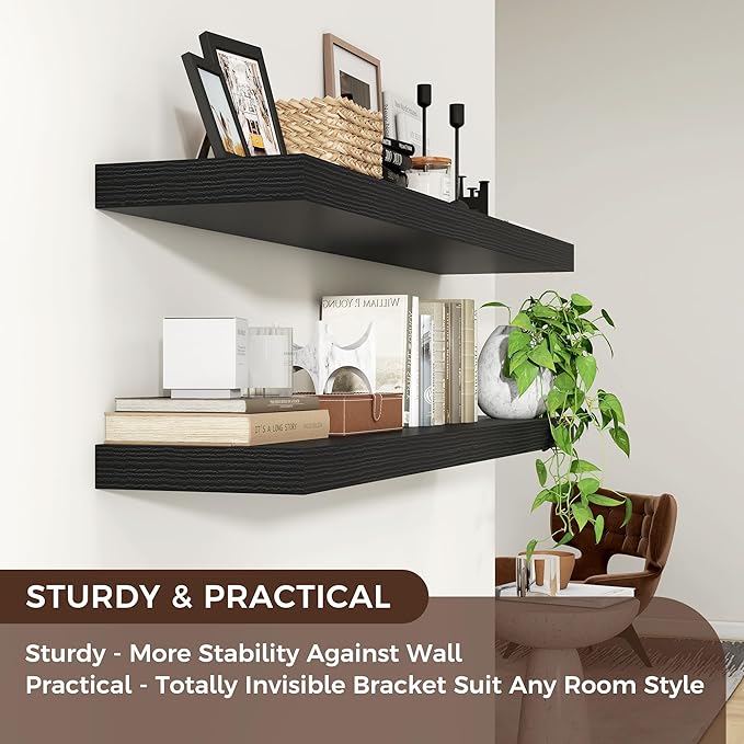 Venusmiles Floating Shelves for Wall 48 inch Long, Engineered Wood Wall Shelves with Invisible Brackets for Living Room Bedroom Bathroom Office Kitchen Decor and Storage, Black Finish, Set of 2