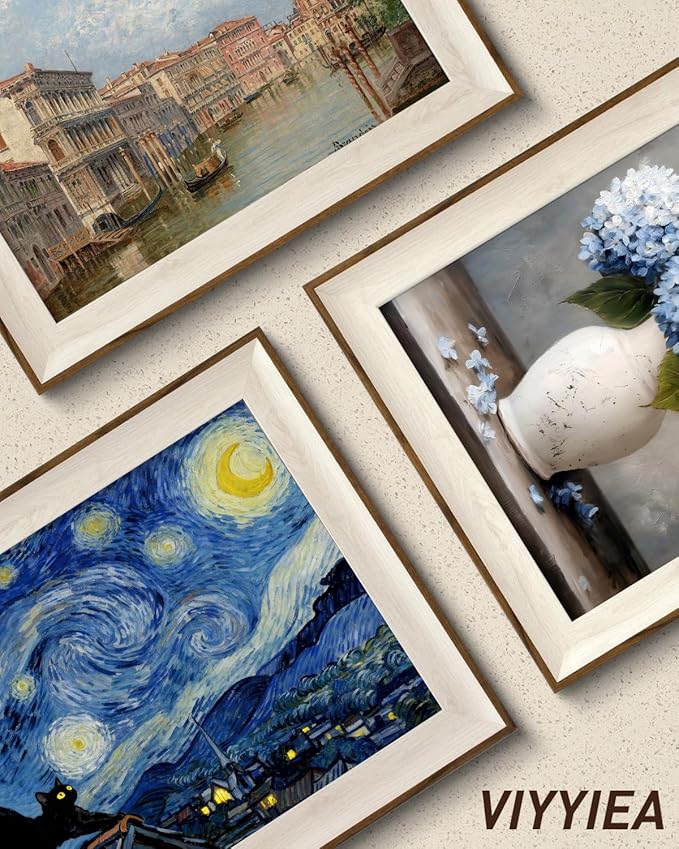 VIYYIEA Vintage Framed Wall Art for Living Room, Stargazing Black Cat Canvas Prints, Oil Painting Home Decor, Van Gogh Picture, Bathroom Wall Decor Gifts for Friends or Family - 16L x 12W