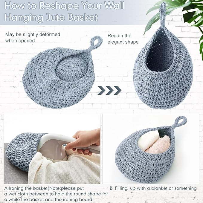 Honeydak Boho Decor Hanging Wall Baskets for Kitchen 3 Pack Teardrop Baskets with Hooks Storage Fruit Onion Vegetable Potato for Home 3 Sizes(Light Blue,Teardrop,Cotton Rope)