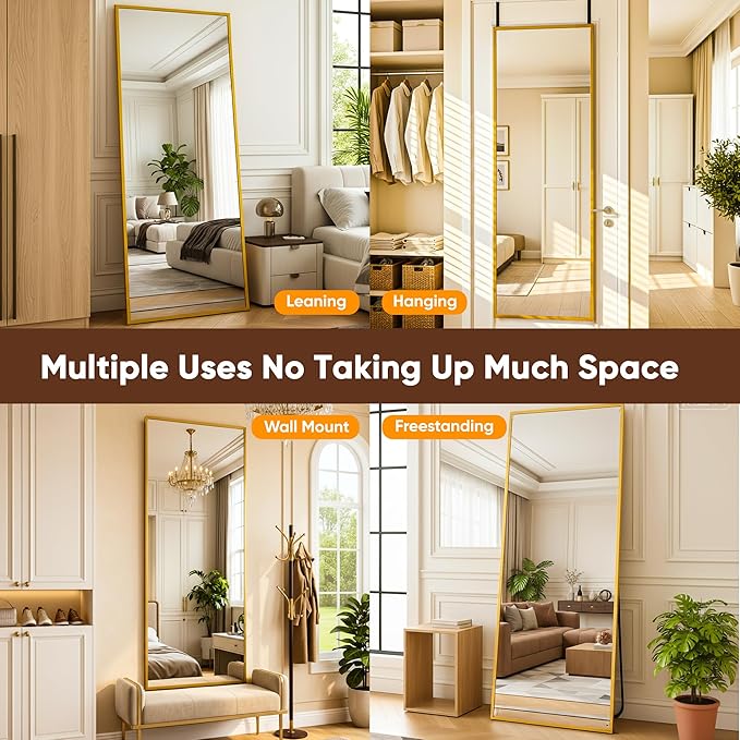 Antok 48''x 14'' Full Length Mirror Over Door, 4-in-1 Standing Leaning Wall Mounted, Adjustable Hanging Mirror for Bedroom Living Room, Gold, Rect Corner
