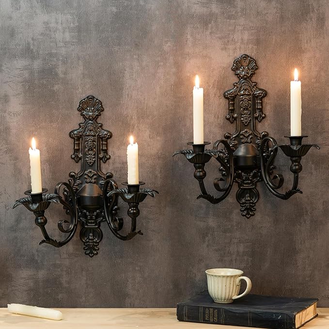 Candle Sconce(Set of 2)-Metal Gothic Wall Decorations-Rustic Home Decor-Black Wall Candle Sconces,Dark Academia Decor