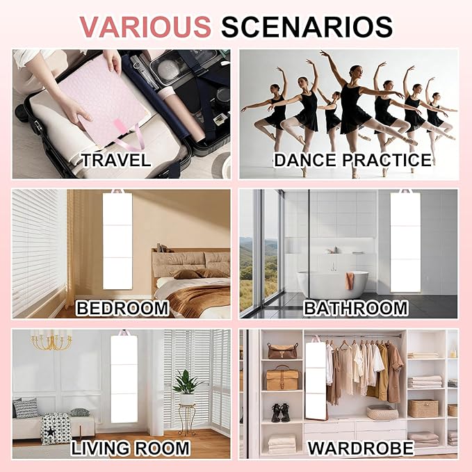 49 x 12 Inches Foldable Portable Full Length Mirror for Travel, Shatterproof Trifold Hanging Folding Mirror for Camping, Dance Bag with Garment Rack, Makeup Full Body Over the Door, Large, RV, Pink