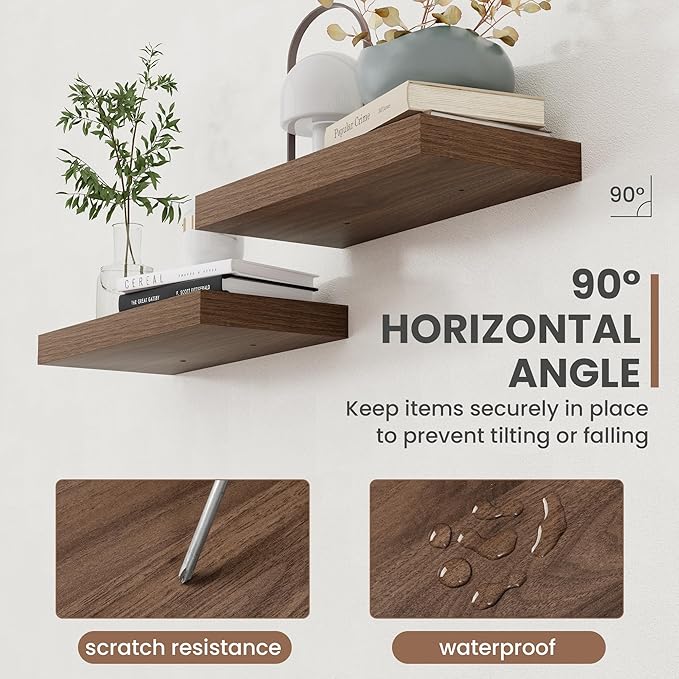Acovy 40 Inch Floating Shelves, 8 Inch Deep Floating Shelves for Wall, Hanging Shelf with Invisible Brackets, Deep Shelves for Bathroom, Bedroom, Living Room, Walnut, Set of 2