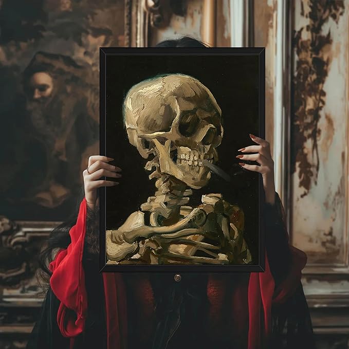 Framed Vincent Van Gogh Skull with Cigarette Canvas Wall Art - Skeleton Paintings Wall Decor, Post-Impressionism Gothic Picture Aesthetic for Halloween Decor Bedroom Living Room Artwork 12x16 inch
