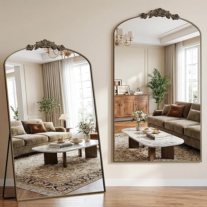 Vintage Full Length Mirror,72"x44" Arched Antique Floor Mirror with Carved Metal Frame,Large Standing Wall Mounted or Leaning Mirror for Bedroom Living Room Entryway,Bronze