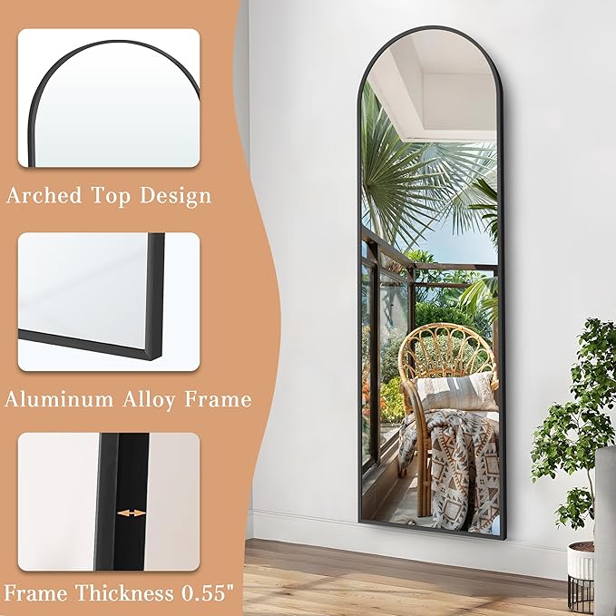 GlasFlength Arched Full Length Mirror, 58"x18" Full Body Floor Mirror with Stand for Bedroom & Cloakroom, Black