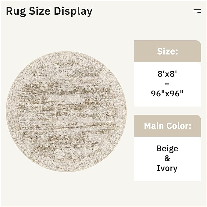 Soalmost 8x8 Brown Round Rug 8ft Living Room Circle Rug Vintage Round Area Rug Non Slip Indoor Carpet for Apartment