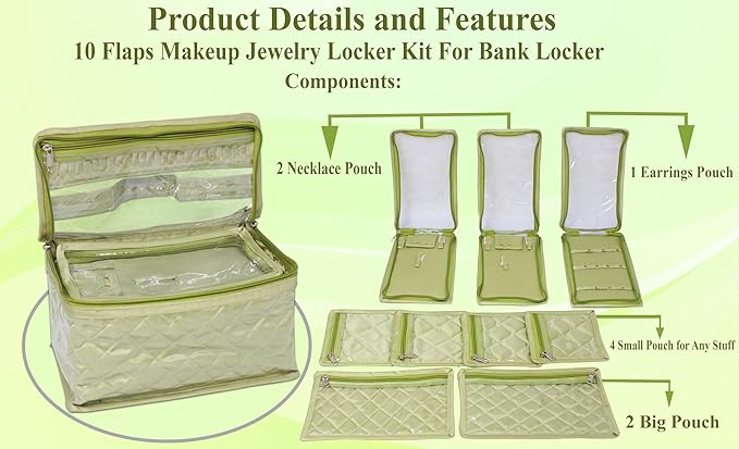 atorakushon Satin Transparent Makeup Pouches Case Cosmetic Necklace Earrings Jewellery Box Travel Organizer For Women Olive Green Set of 10
