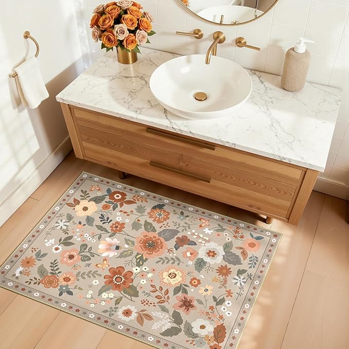 RELEANY Floral Nursery 2x3 Area Rugs Washable Print Boho Cute Carpet Non Slip Flower Low Pile for Living Room Kids Girls Playroom Bedroom Kitchen Office Farmhouse-Brown/Brick
