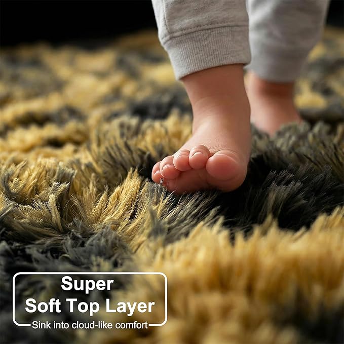 Amdrebio Black Gold Yellow Grey Rugs for Bedroom Living Room Decor, Fluffy Furry Fuzzy Shaggy Area Rug 4x6 for Kids Room Dorm Home Office, Modern Cool Leopard Cheetah Shag Carpet for Teen Boys Men