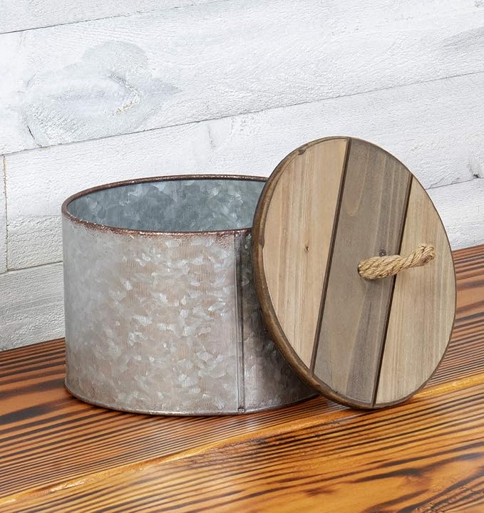 Red Co. 7 inch Round Decorative Rustic Galvanized Metal Storage Box with Wooden Lid, Rusted Grey/Brown