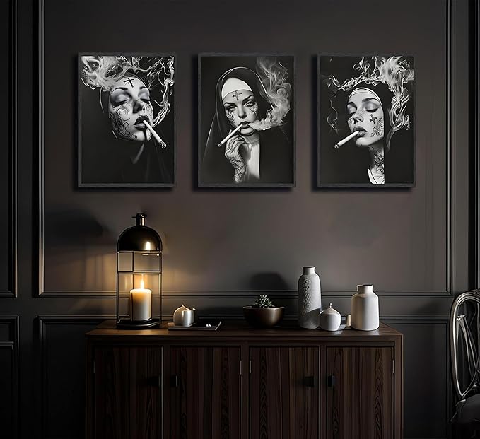 FJKLRP 3pcs Smoking Nun Wall Art Black and White Tattooed Woman Canvas Prints Poster Edgy Gothic Dark Aesthetic Wall Decor for Living Room Bedroom Studio Bar Unframed