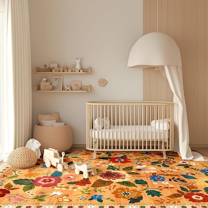 RELEANY Floral Nursery 4x6 Area Rugs Washable Print Boho Cute Carpet Non Slip Flower Low Pile for Living Room Kids Girls Playroom Bedroom Kitchen Office Farmhouse-Yellow/Orange
