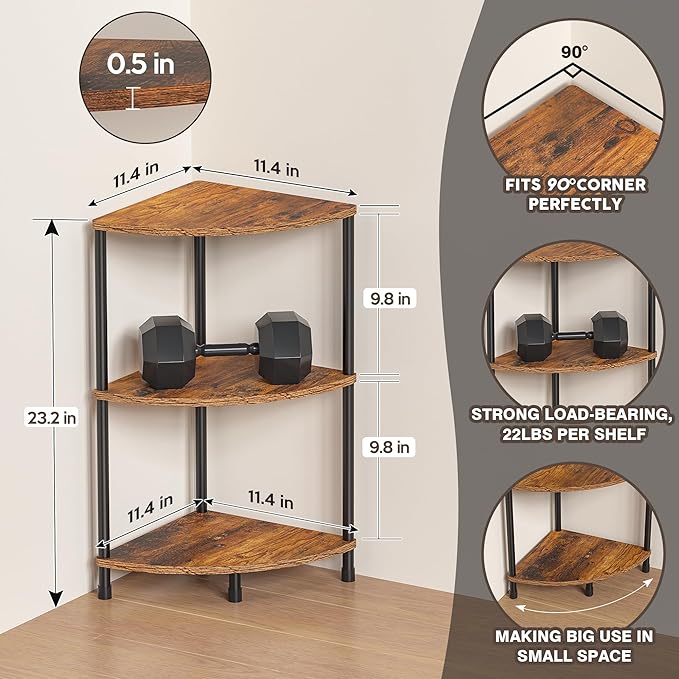 Corner Plant Stand Shelf, 3 Tier Small Shelf Plant Stand for Indoor Plants, Rustic Brown Corner Bookshelf Wall Decor Living Room, 23.2" Display Shelf for Bedroom, Bathroom, Small Space