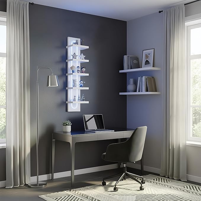 Exclusive U-Shaped 5-Tier Compact Narrow Wall Shelf Unit with RGB Lighting, Modern Vertical Shelf for Vanity, Ideal for Anime Figures, Perfumes, Cosmetics, Collectibles,White