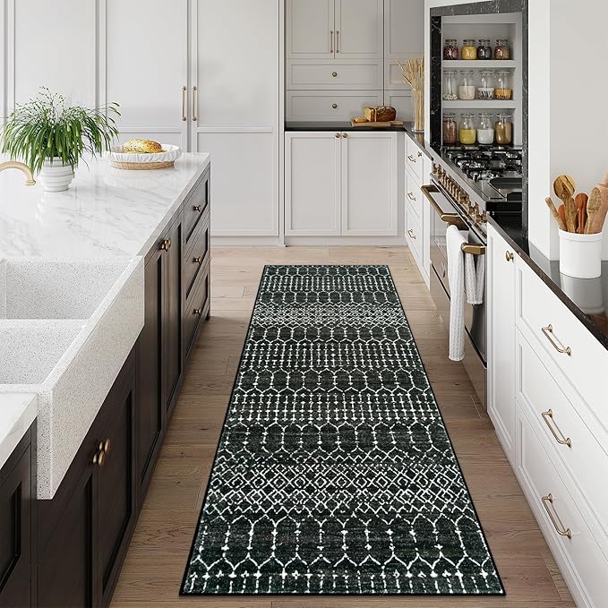 Lahome Moroccan 2x6 Black Runner Rug Non-Slip, Kitchen Rug Runner Washable Non-Skid Hallway, Geometric Print Distressed Carpet for Entryway Laundry Hana