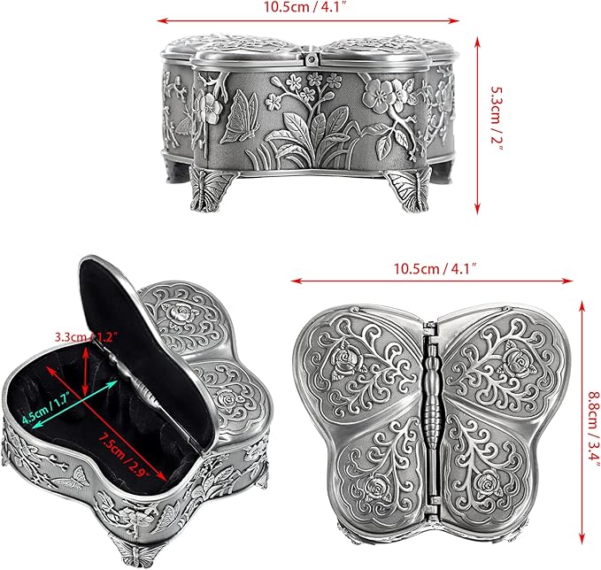 Hipiwe Vintage Metal Jewelry Box Butterfly Shape Trinket Box Decorative Metal Small Jewelry Storage Box for Rings Necklaces Earrings Organizer Keepsakes Box Gift for Women