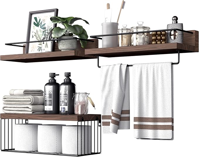 PopiShelves Bathroom Shelves Over Toilet for Wall, Floating Shelves with Storage Basket Paper Holer for Kitchen Living Room, Bedroom & Classroom, Set of 3 (Dark Brown)