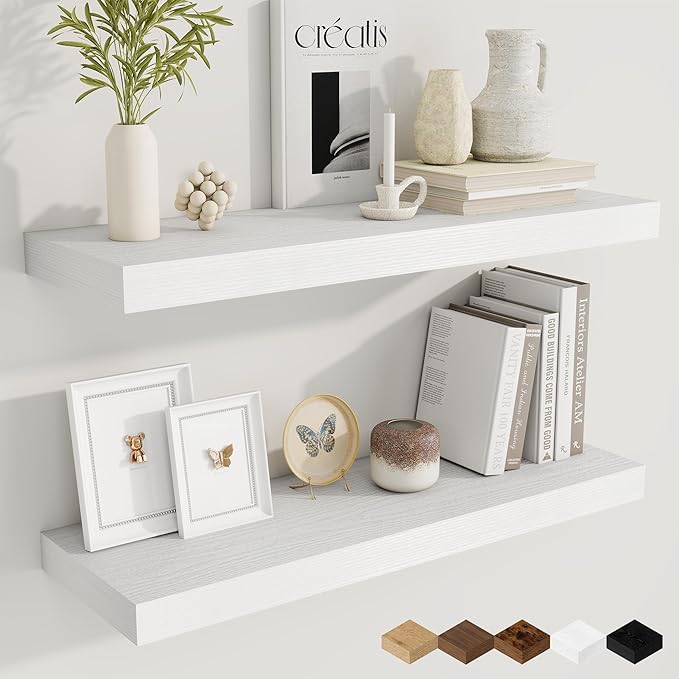 Fun Memories 9.3Inch Deep Floating Shelves for Wall, 30 Inch Rustic Wood Wall Mounted Shelves for Bathroom, Bedroom, Kitchen, Deep Floating Shelf for Storage & Home Decor (White, Set of 2)