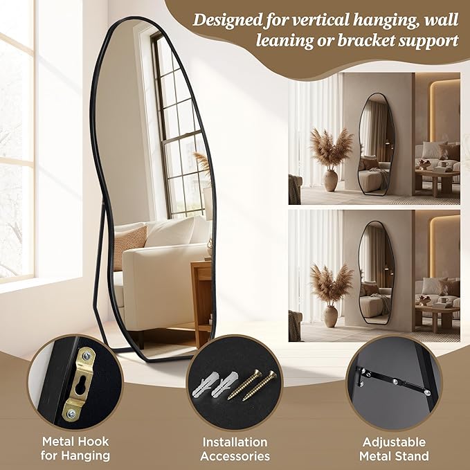 Dorlicecass Mirror Full Length - Irregular Full Body Mirror Standing or Leaning or Wall Hanging 63"x 24" Asymmetrical Aviation Aluminum Alloy Frame Unique for Bedroom, Living Room, Cloakroom, Entryway