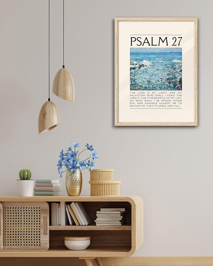EcoHest Large 16x20in OAK Wood Framed Wall Art, Psalm 27 Bible Verse Christian Canvas Wall Decor, Modern Jesus Wall Prints for Bedroom, Living Room, Bathroom, Religious Gift, 1 Pack