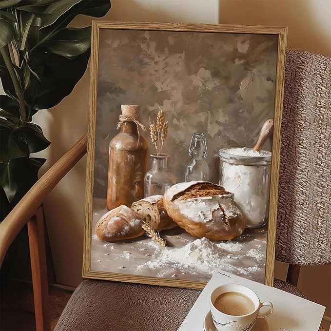 Framed Vintage Kitchen Wall Art, Rustic Bread and Flour Pictures Wall Decor Paintings, Farmhouse Food Poster Canvas Prints Country Home Decor for Dining Room Living Room Bakery 12x16 inch