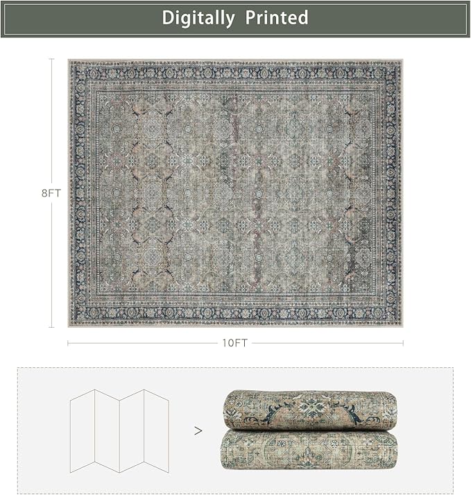 Srugn Washable Rugs 8x10 Area Rugs for Living Room,Rugs for Bedroom,Large Carpets,Ultra Soft Faux Wool Retro Dining Room Rug,Non Slip&Non-Shedding Low Pile Vintage Print Rug for Home Office,Green