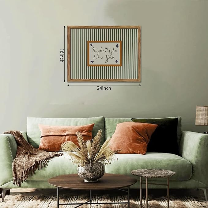 Vintage Green Wall Art, Mid Century Night Night Love You Stripe Canvas Wall Decor Painting, Modern Minimalist Nursery Striped Prints Pictures for Baby Room Kids Bedroom 16x24 Inch Framed