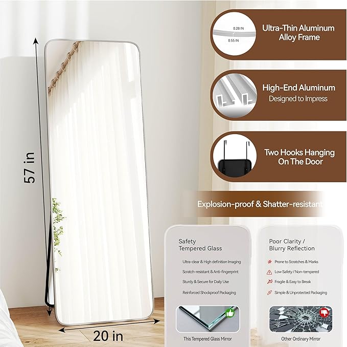 NARCISSUS 57x20 Mirror Door Hanging Full Length Body with Floor Stand or Wall Mounted Metal Aluminum Frame Tempered Glass Rectangle Mirrors for Bedroom Dressing Living Room Bathroom 57 inch Silver