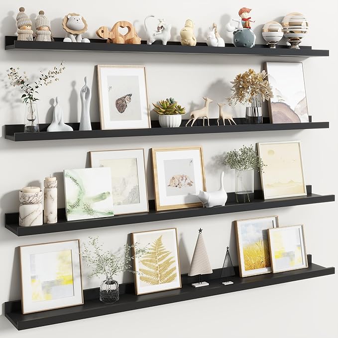 Fun Memories Picture Ledge Shelf, Black Floating Shelves Set of 4, 48 Inch Picture Shelves for Wall with Ledge, Large Nursery Book Shelf for Toys Storage, Living Room, Bedroom Decor Frames