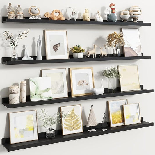 Fun Memories Picture Ledge Shelf, Black Floating Shelves Set of 4, 48 Inch Picture Shelves for Wall with Ledge, Large Nursery Book Shelf for Toys Storage, Living Room, Bedroom Decor Frames