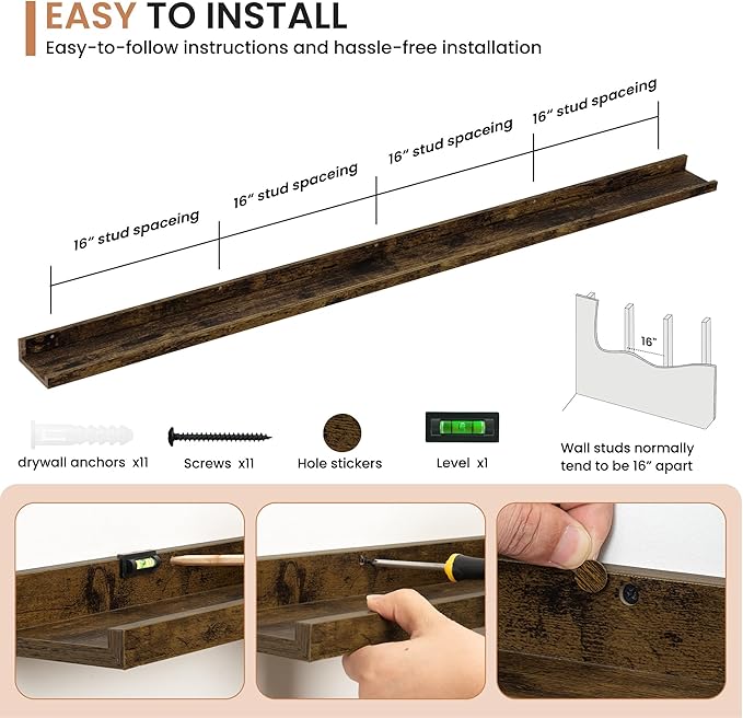 Dreamland Picture Ledge Shelf for Wall, Floating Shelves Set of 2,72 inch Long Floating Shelves with Lip for Living Room,Bedroom,Bathroom,Kitchen,Rustic Brown